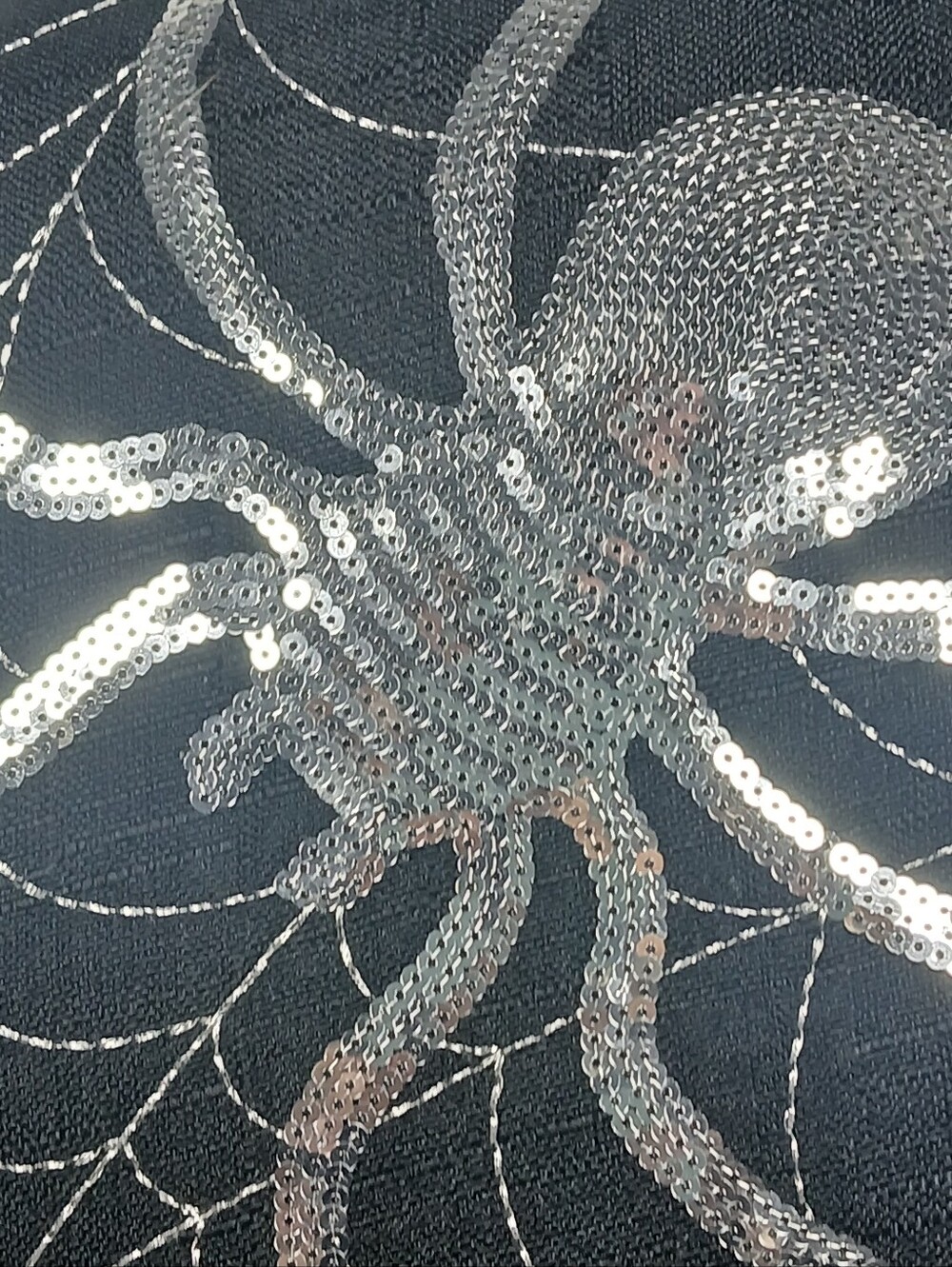 16" Black Throw Pillow Silver Sequin Spider Stitched Spiderweb Halloween Decor